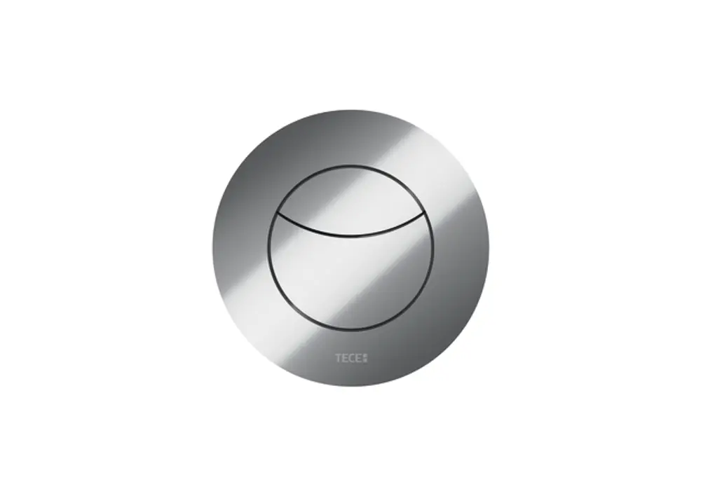 Runde Blende in glänzendem Chrom von TECE, konfigurierte pneumatische Fernauslösung für Zweimengentechnik, klare Linienführung und funktionales Design.